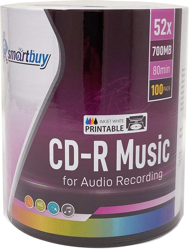 Smartbuy 100 Pack Digital Audio CD-R Music 52X 700MB/80Min White Inkjet Hub Printable Blank Recordable Disc - Image 1